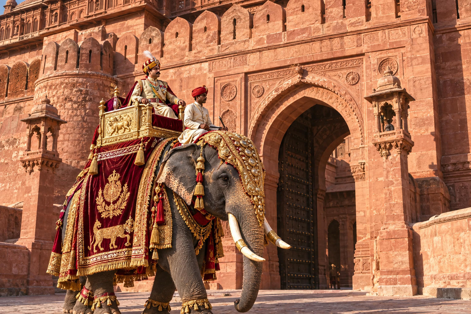 AI historical visualization of Maharaja Ganga Singh on an elephant near Junagarh Fort gate